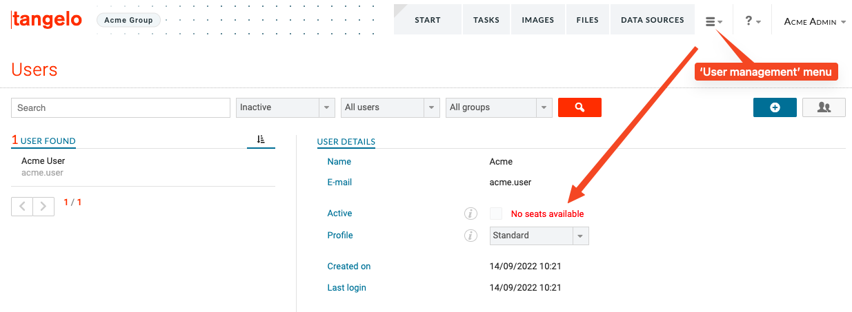 Inactive account no seats notification