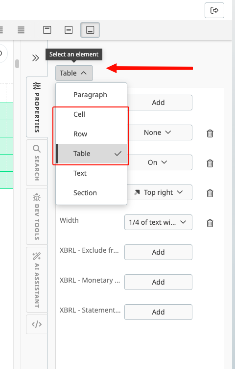 Properties pane at Table, Row and Cell level