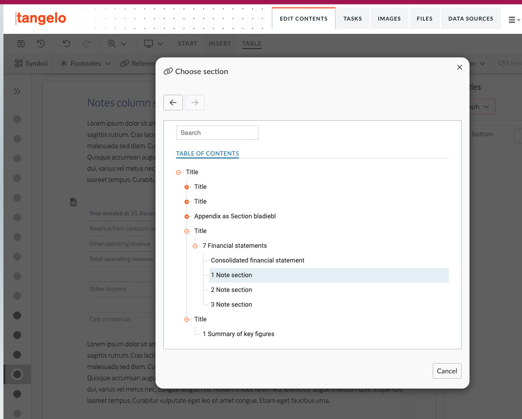 Select Note section from document structure