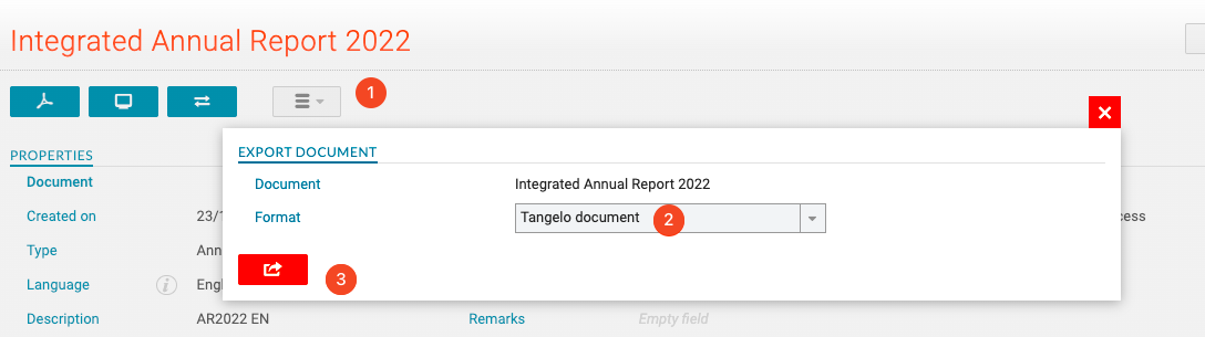 Export menu with Tangelo document format selected