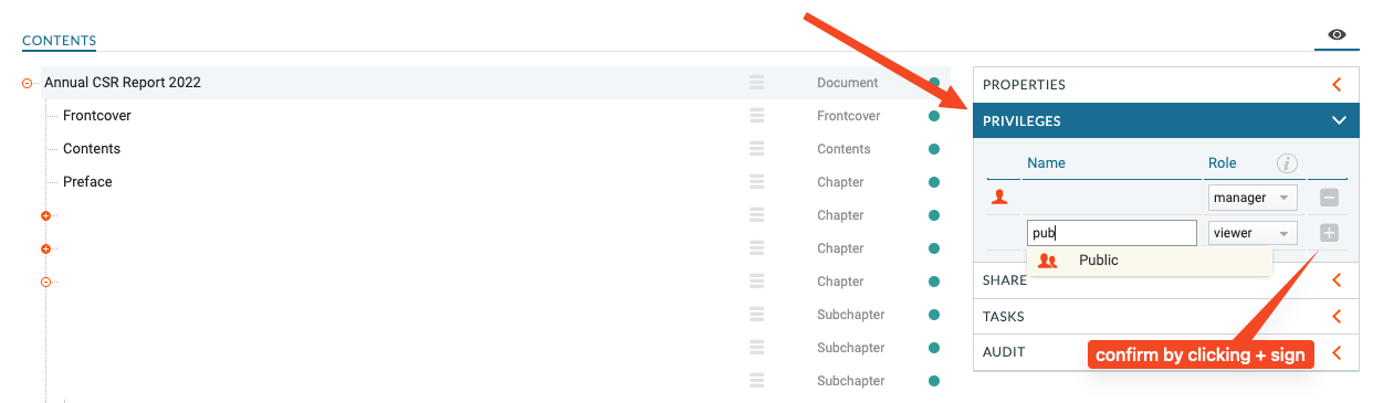 Add PUBLIC viewer privilege to root section